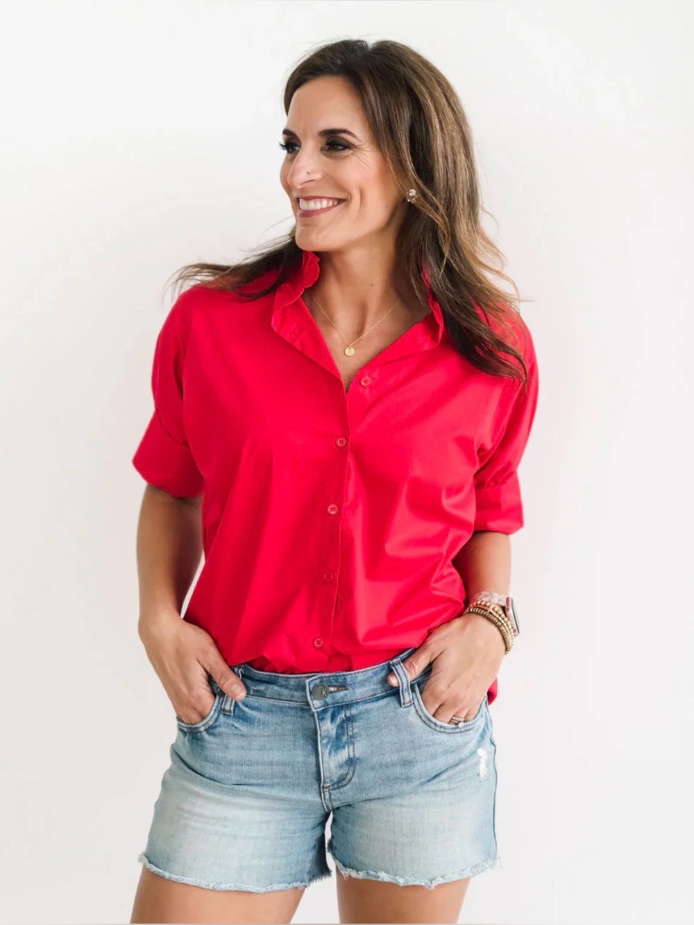 NWT Heidi Houston Red Ruffle Short Sleeve Cotton Top Size Medium